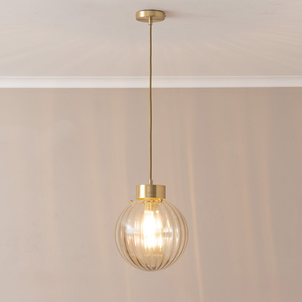 ValueLights Chessy Ribbed Glass Globe Brushed Gold Capped LED Ceiling Pendant Light Image 2
