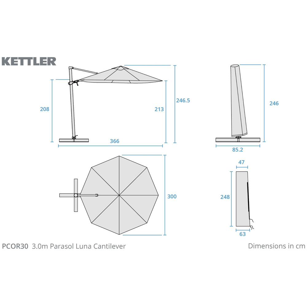 Kettler Luna Grey and Taupe Round Side Tilt Cantilever Parasol with Granite Base and Night Cover 3m Image 7