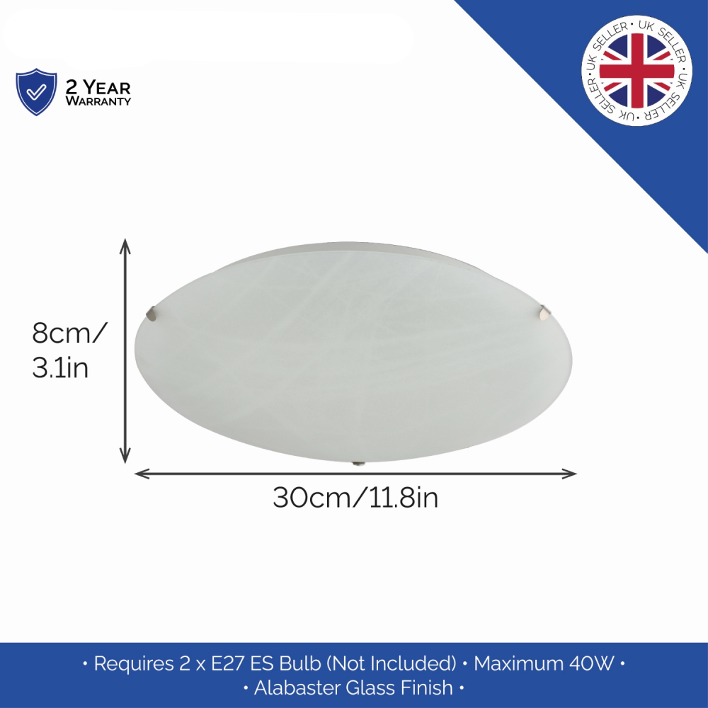 Happy Homewares Alabaster Circular White Glass IP20 Flush Ceiling Light Image 6