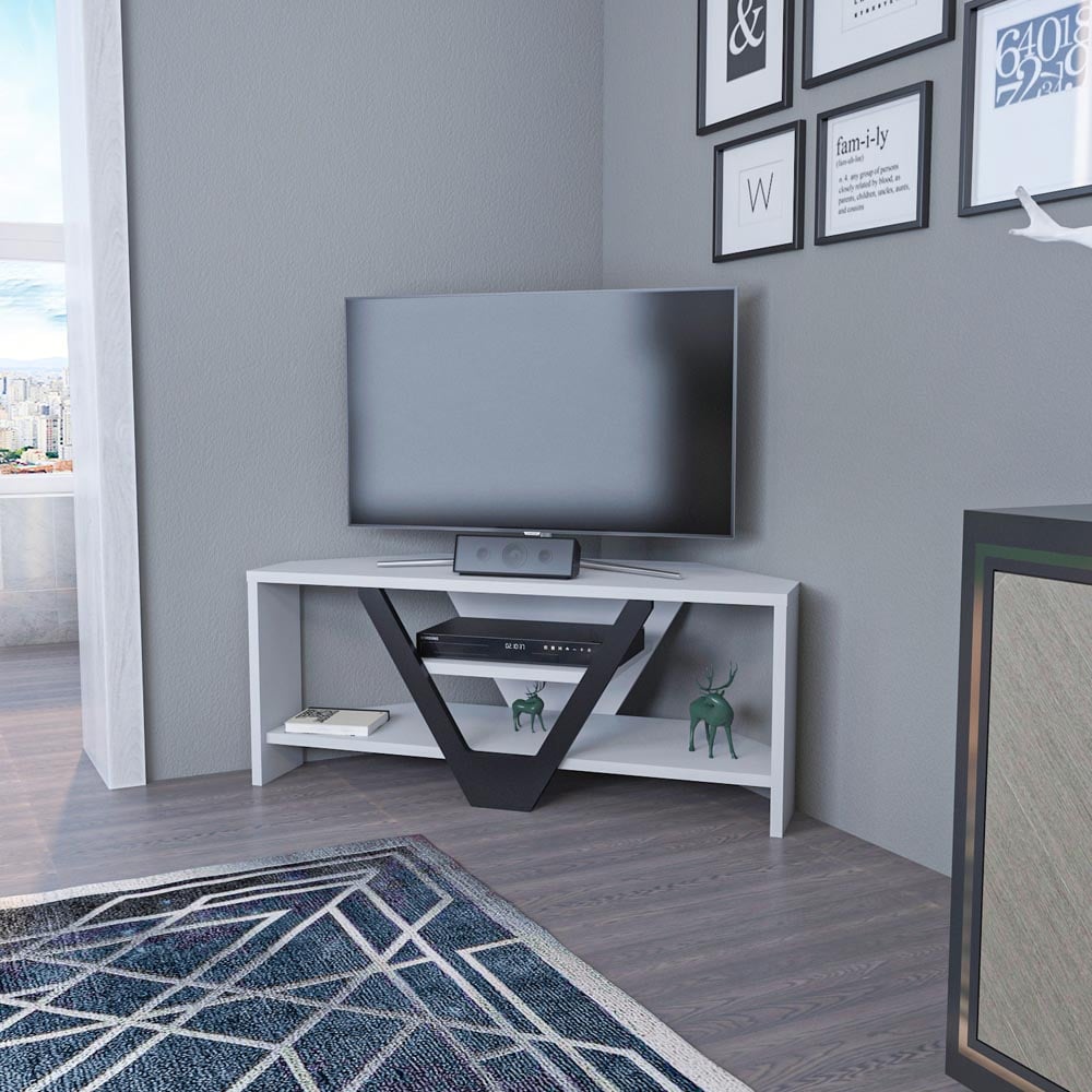 Decorotika Karin 2 Sheld Black and White Modern Corner TV Unit Image 3