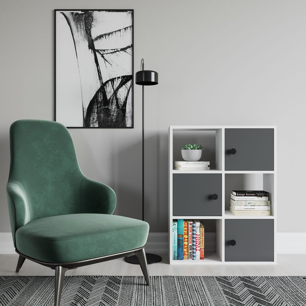 Decorotika Tilton 3 Door 3 Open Shelf White and Anthracite Bookcase Image 3