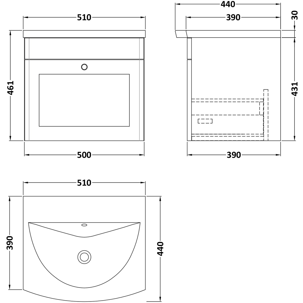 nuie Classique Single Drawer Satin White Wall Hung Unit and 1 Tap Hole Curved Basin 500mm Image 2