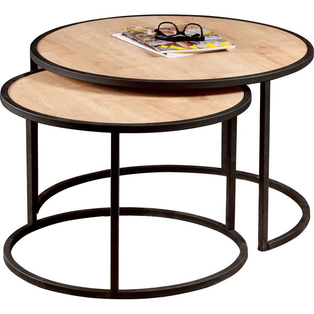 Decorotika Tambur Sapphire Oak and Black Round Nest of Coffee Tables Set of 2 Image 2