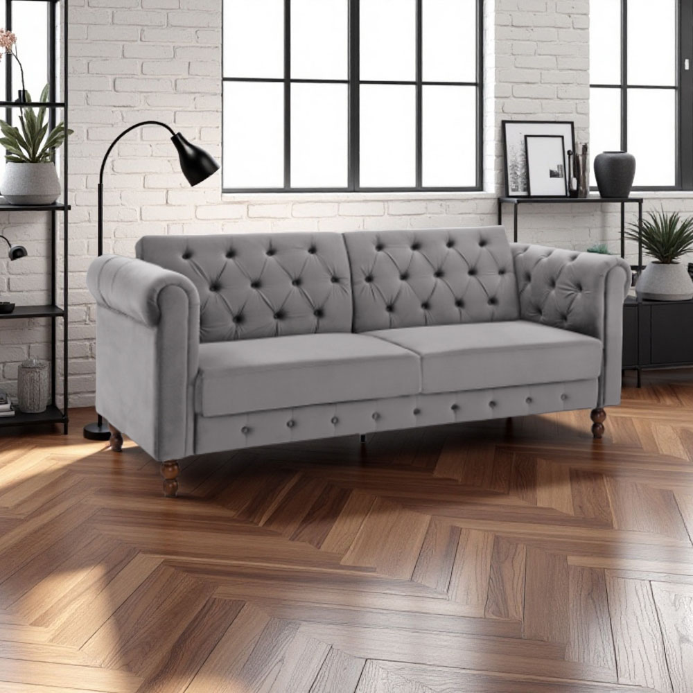 Indoor Living Royal Chesterfield 3 Seater Grey Velvet Sofa Bed Image 4