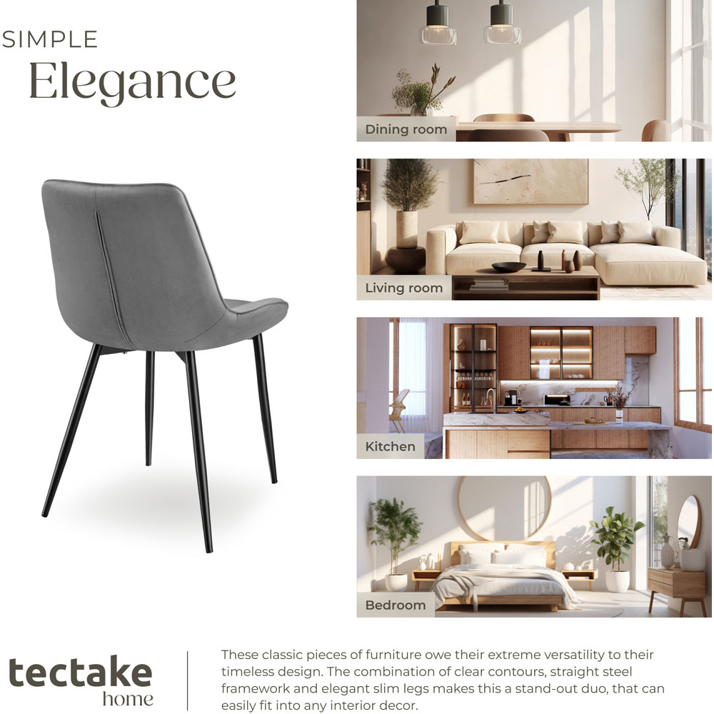 tectake Monroe Set of 2 Grey Velvet Padded Dining Chair Image 7
