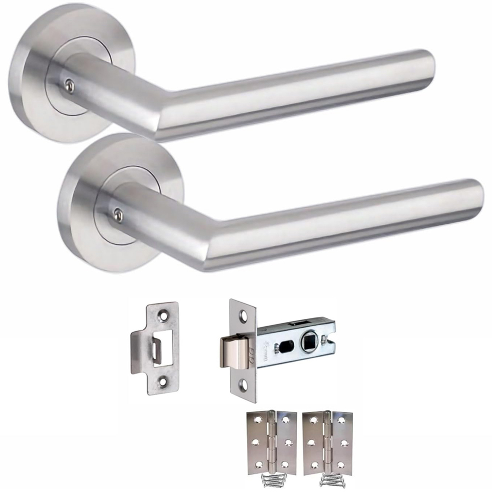 Golden Grace Mitred Satin Nickel Latch Door Handle Pair with Tubular Latch and Hinges 52mm Image 1