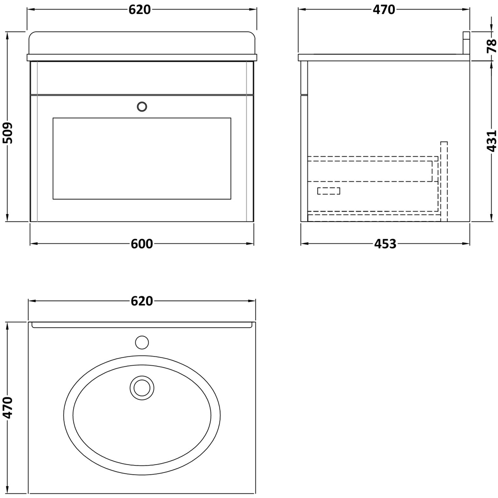 nuie Classique Single Drawer Soft Black and Grey Wall Hung Unit and 1 Tap Hole Marble Basin 600mm Image 3