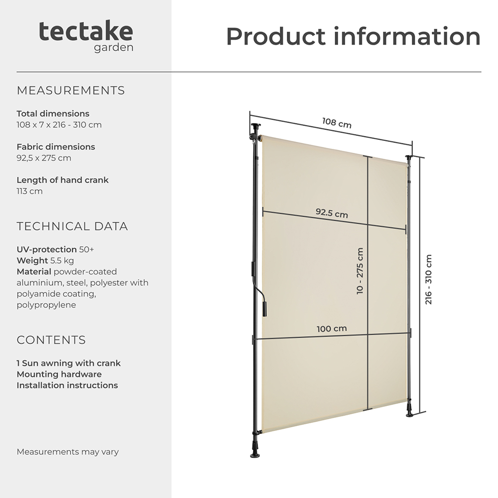 tectake Taija Beige Retractable Awning with Hand Crank 3.1 x 1.08m Image 8