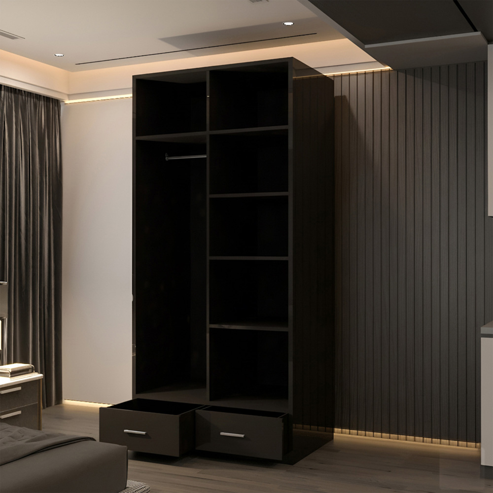 Sliding Wardrobes 4U 2 Door 2 Drawer Black High Gloss Hinge Door Wardrobe 90cm Image 4