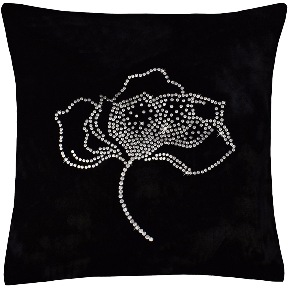 Intimates Black Diamante Rose Velvet Filled Cushion 43 x 43cm 2 Pack Image 1