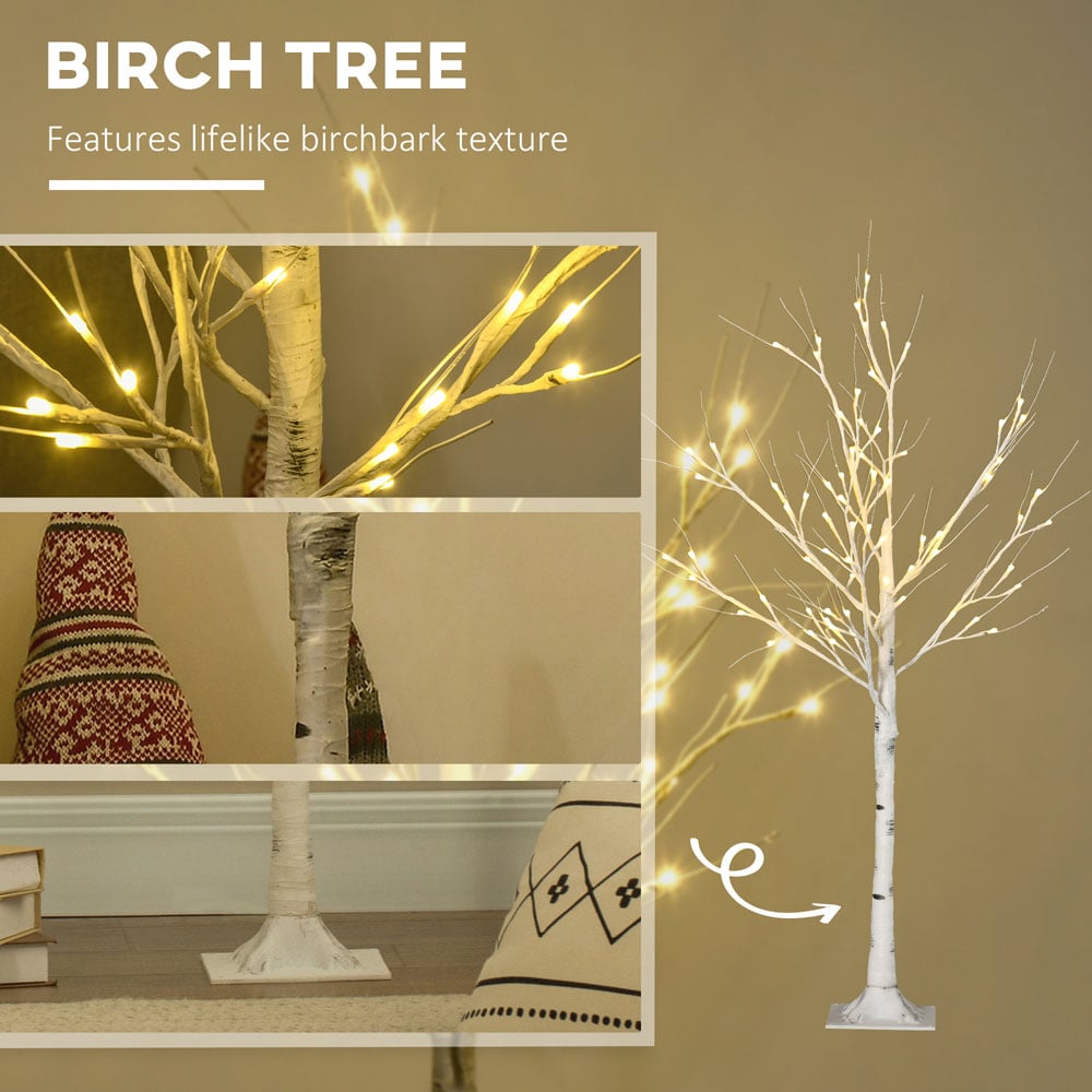 HOMCOM 72 Warm White LED Pre Lit White Artificial Birch Tree 4ft Image 5