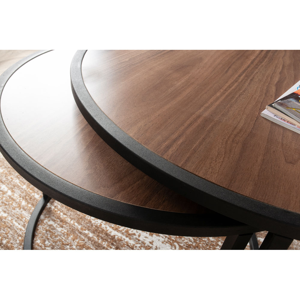 Decorotika Tambur Walnut and Black Round Nest of Coffee Tables Set of 2 Image 4