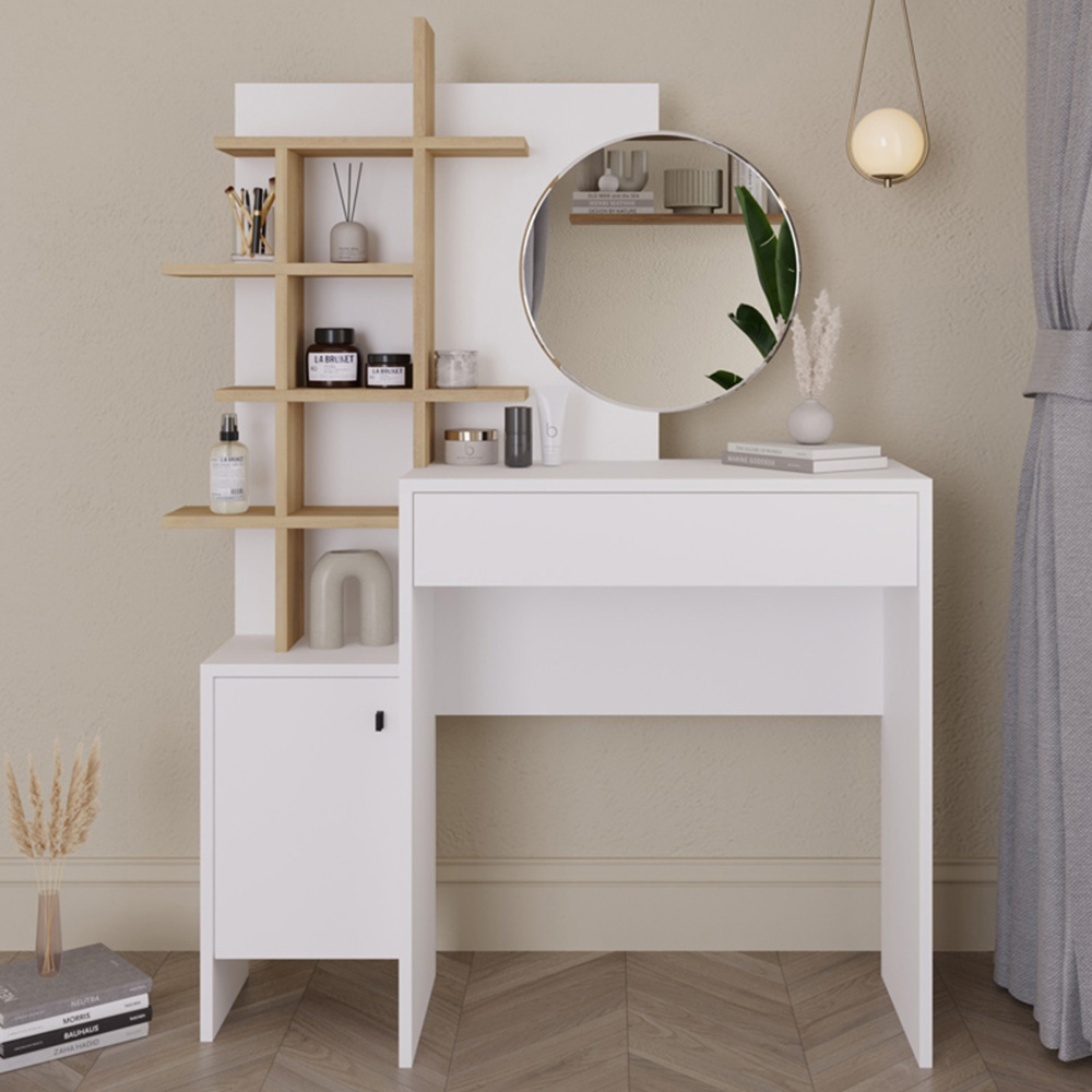 GFW Freyja Single Door Single Drawer White Oak Dressing Table with Mirror Image 1