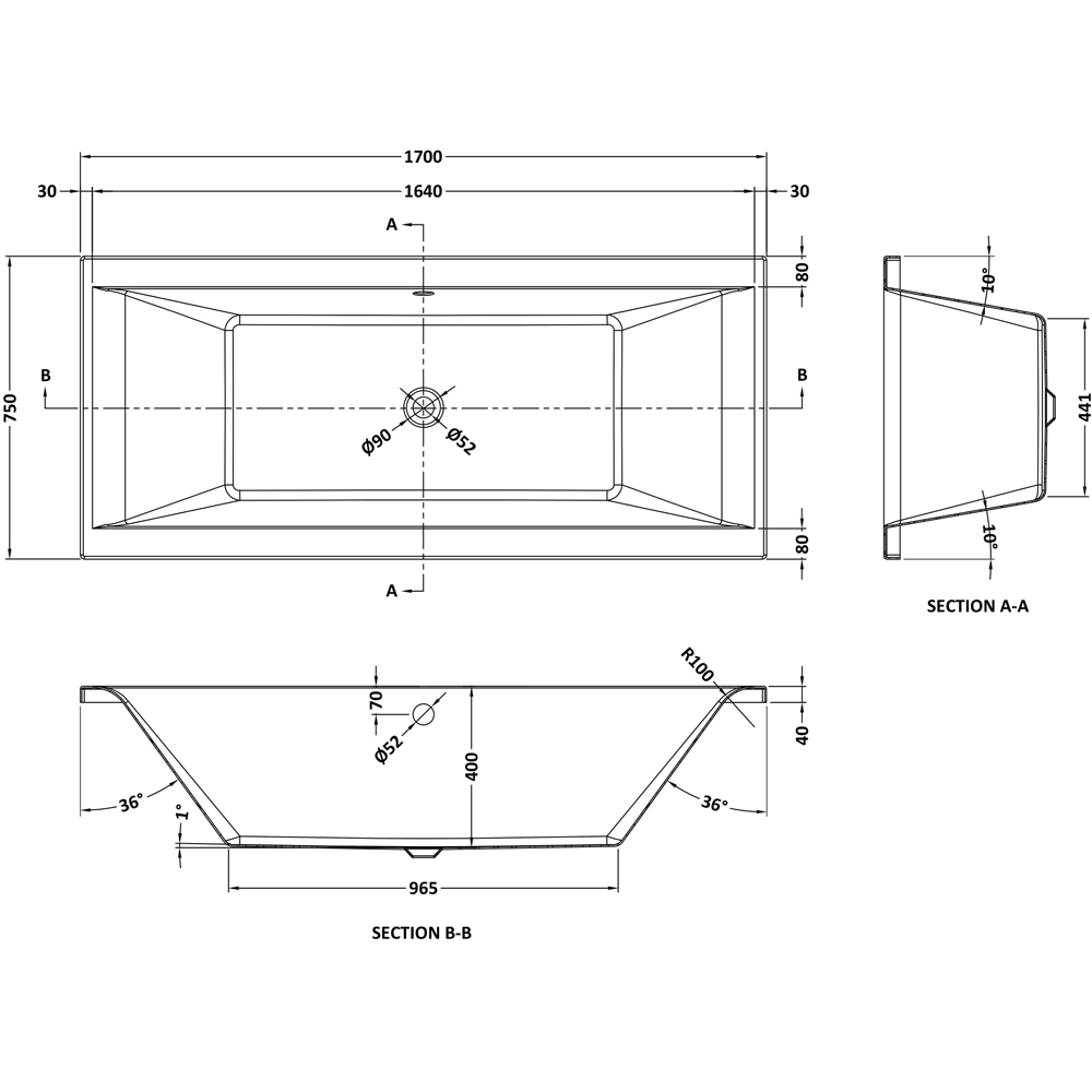 nuie Square Double Ended Bath and Leg Set 1700 x 750mm Image 2