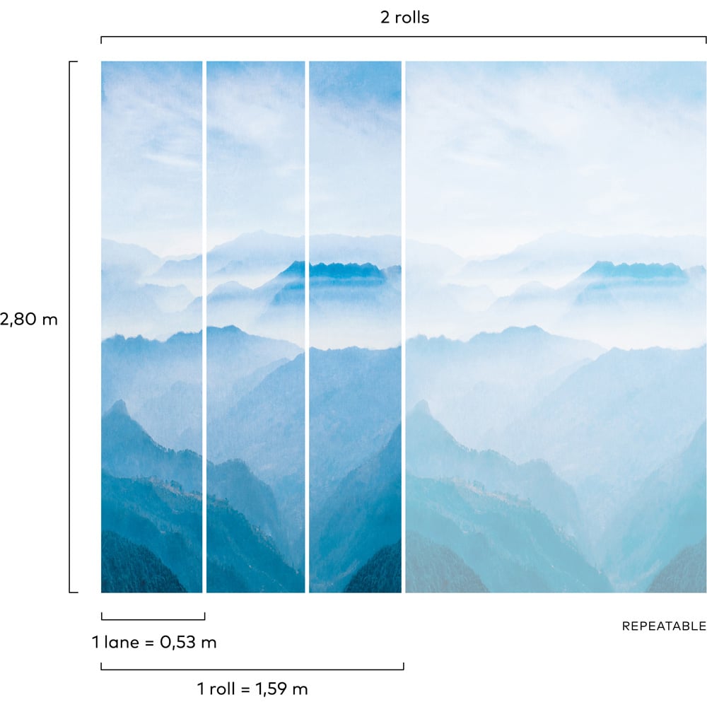 Grandeco Misty Mountain Landscape Textured Blue 3 Panel Wall Mural Image 4