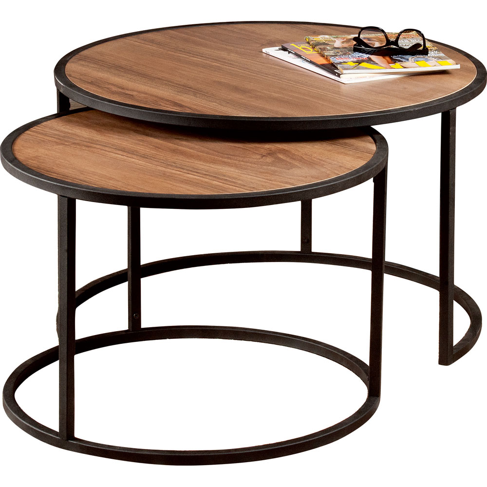 Decorotika Tambur Walnut and Black Round Nest of Coffee Tables Set of 2 Image 2