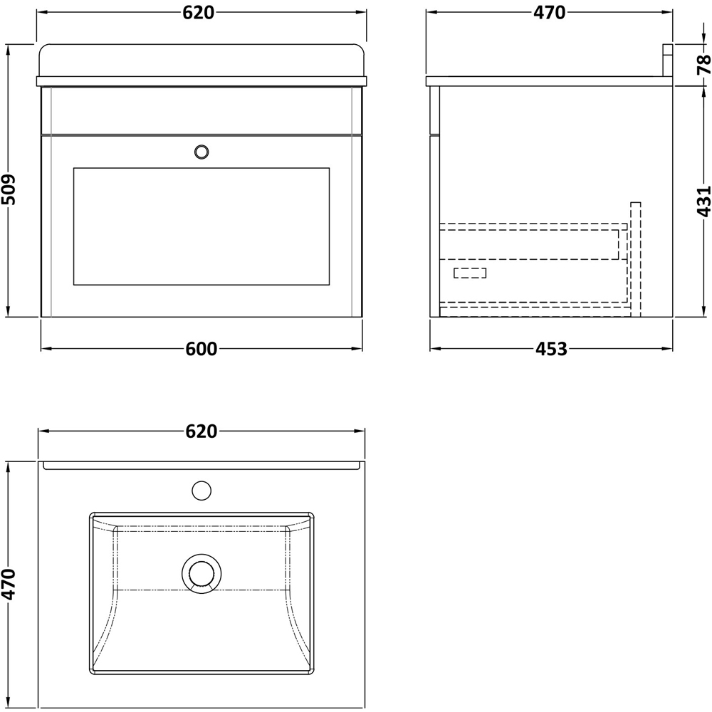 nuie Classique Single Drawer Satin Green Wall Hung Unit and 1 Tap Hole Marble Top Square Basin 600mm Image 3