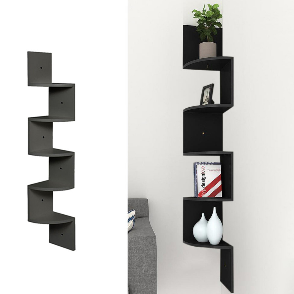 Living and Home 5 Tier Black Wooden Zigzag Floating Corner Shelves Image 3