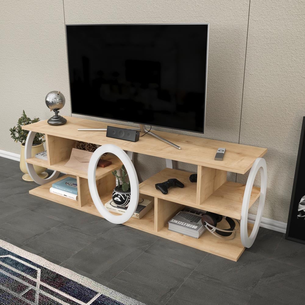 Decorotika Fale 7 Shelf Oak and White Modern TV Unit Image 4