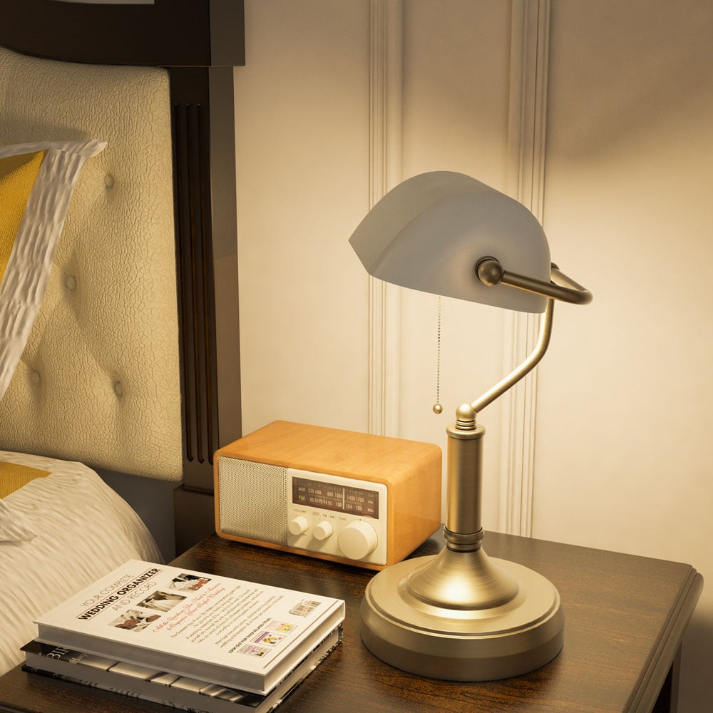 Portland White and Antique Bronze Banker's Table Lamp Image 4