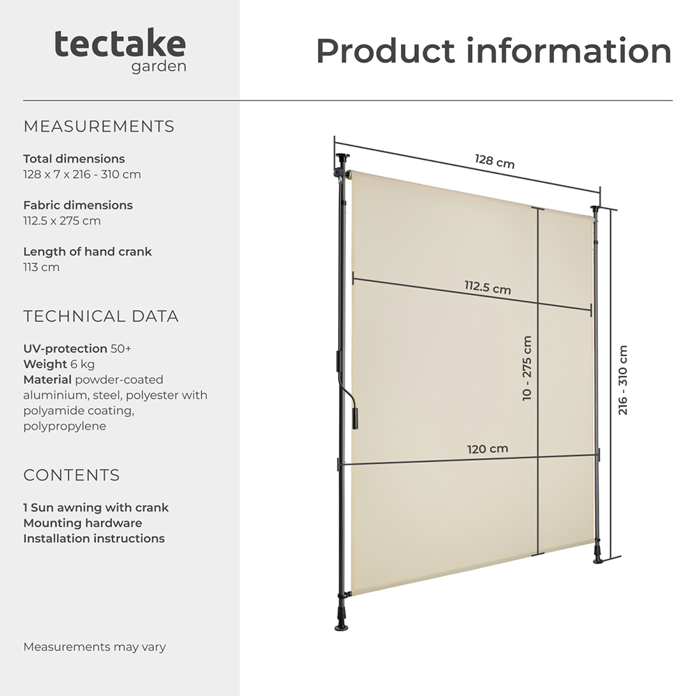 tectake Taija Beige Retractable Awning with Hand Crank 3.1 x 1.28m Image 8