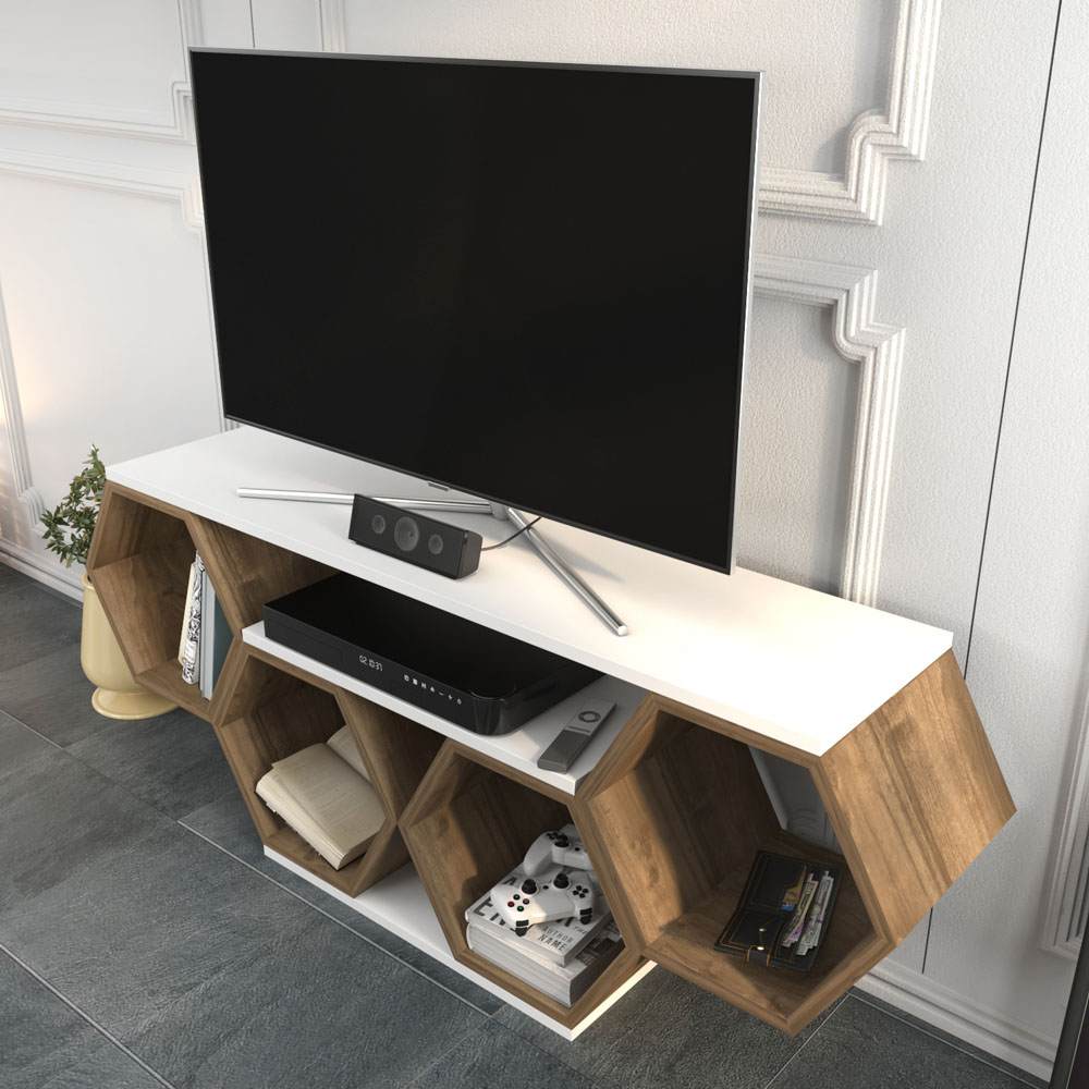 Decorotika Honey White and Walnut Wide Hexagonal TV Unit Image 4