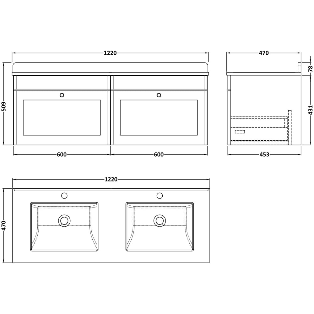 nuie Classique 2 Drawer Satin Grey and White Wall Hung Unit and 1 Tap Hole Marble Basin 1200mm Image 3