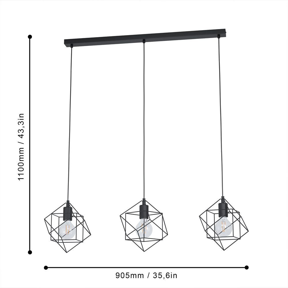 EGLO Straiton 3 Light Black Steel Geometric Pendant Lampshade Image 4