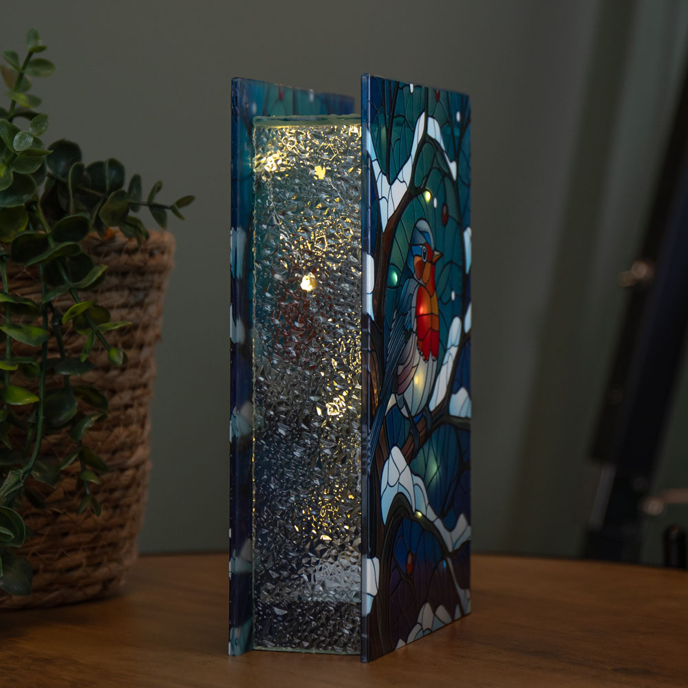 Samuel Alexander 50 Warm White LED Robin Scene Light Up Stained Glass Decoration 21cm Image 8