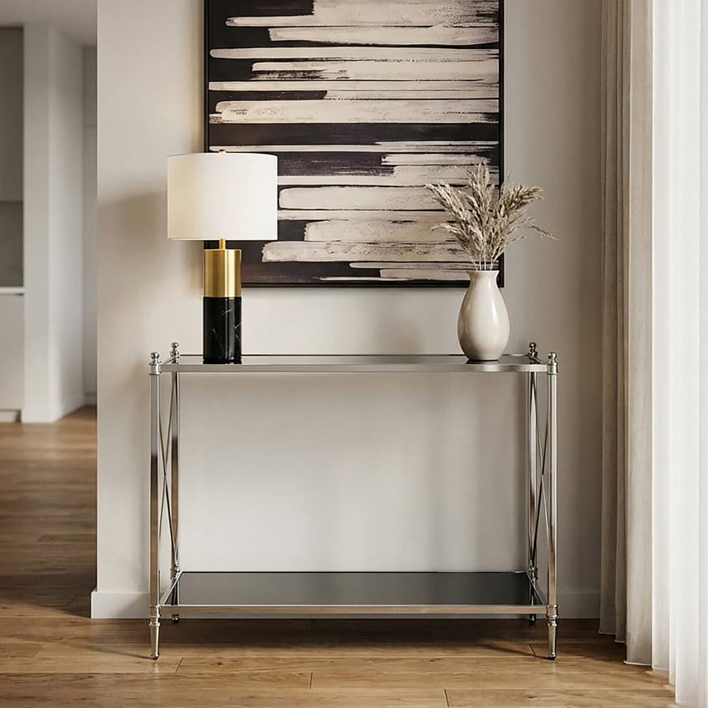Premier Housewares Hoffmann Black and Nickel Finish Single Shelf Mirrored Glass Top Console Table Image 3