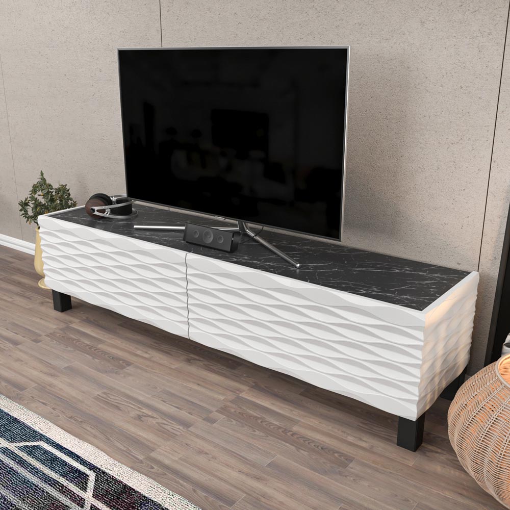 Decorotika Lerze 2 Door Black Marble and White TV Unit Image 4