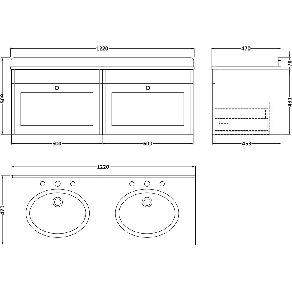 nuie Classique 2 Drawer Satin Green and White Wall Hung Unit and 3 Tap Hole Marble Basin 1200mm Image 3