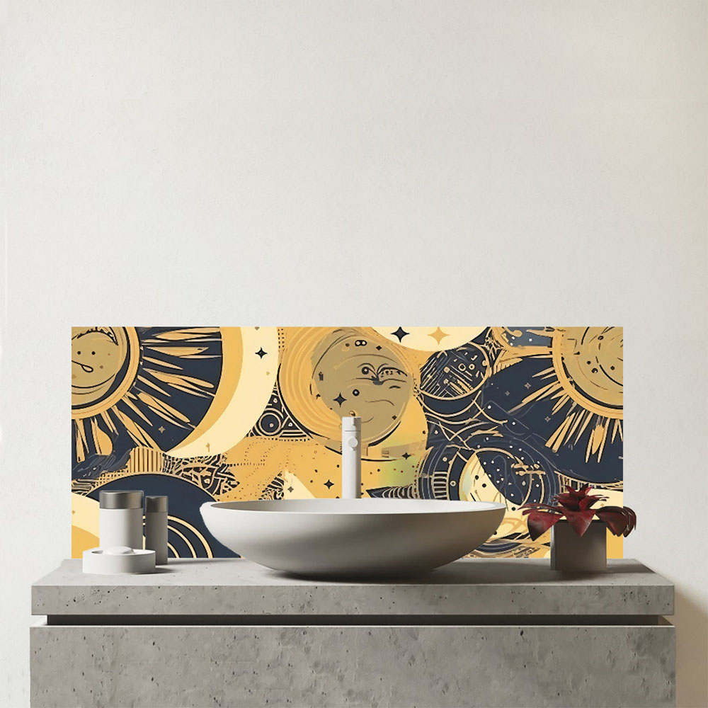 Warren Reed Designer Blue Gold Moon and Sun Glass Bathroom Splashback 25 x 60cm Image 1