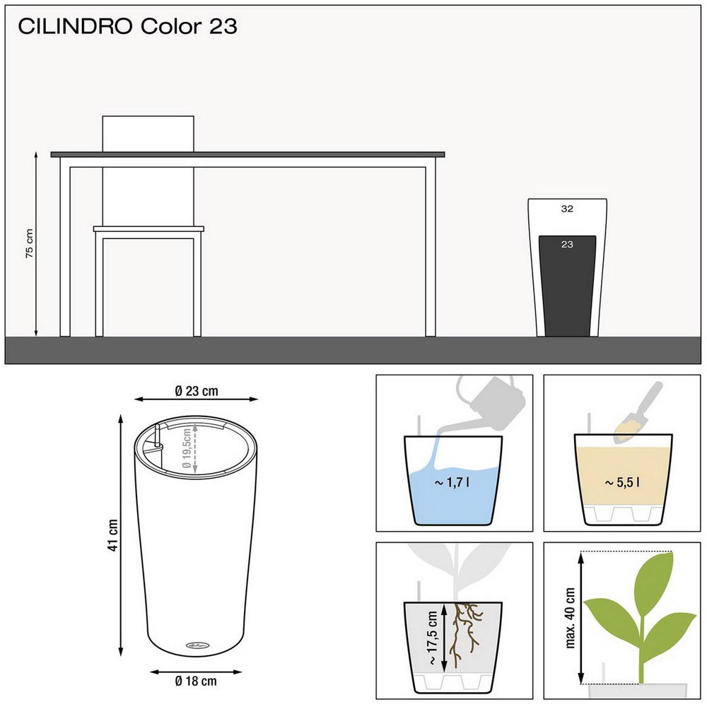 Lechuza Cilindro Slate Polyresin Self Watering Planter 41cm 2 Pack Image 8