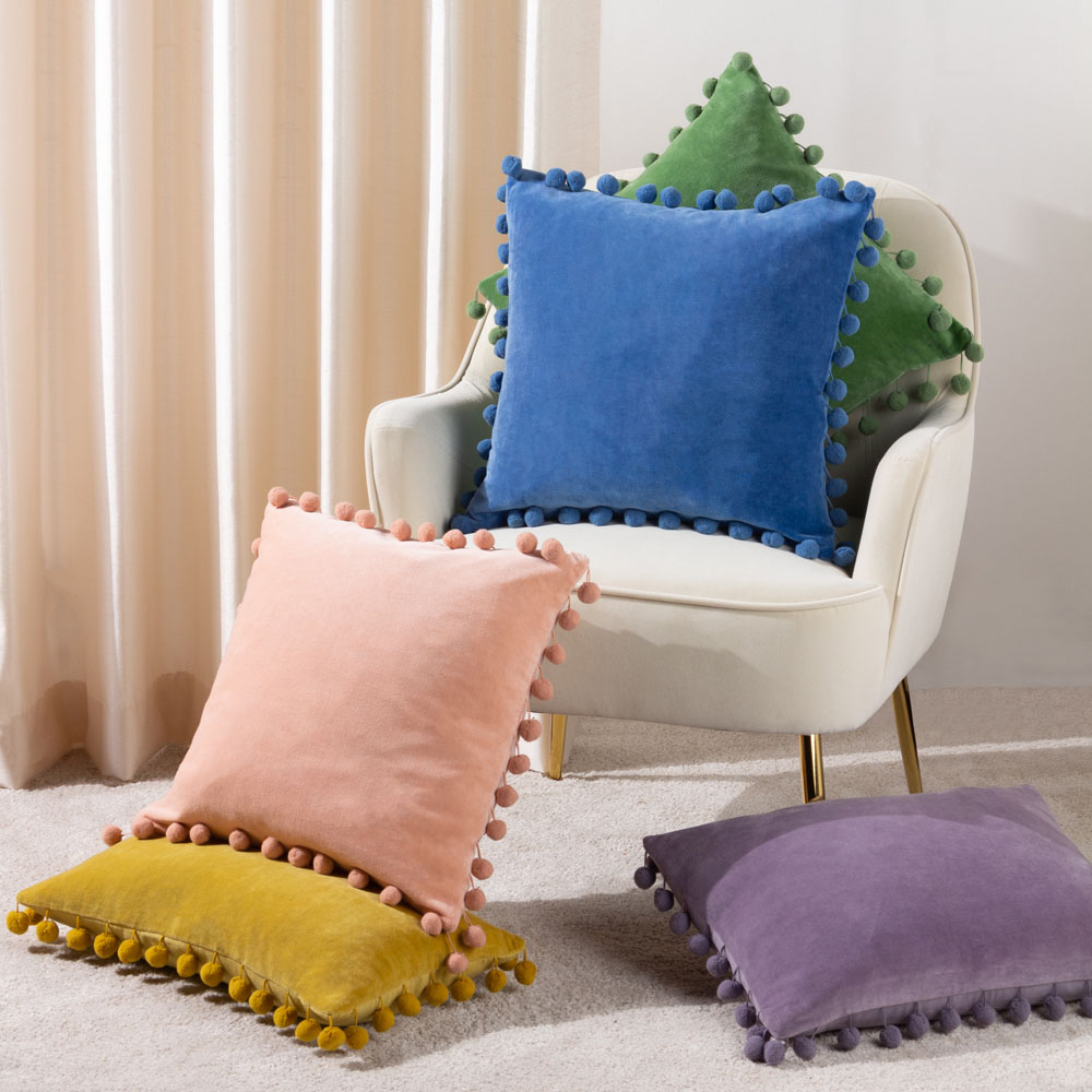furn. Dora Lilac Velvet Pom Pom Cushion Image 6