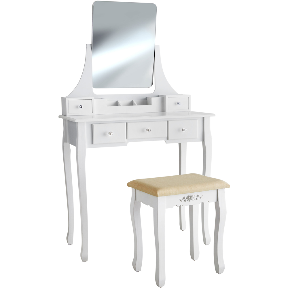 Tectake 5 Drawer White Dressing Table with Mirror and Padded Stool Image 2