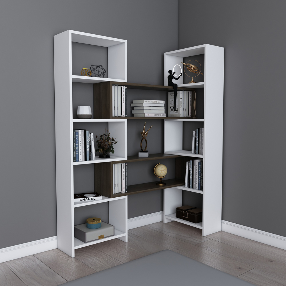 Decorotika Poyraz 8 Shelf White and Walnut Bookshelf Image 4