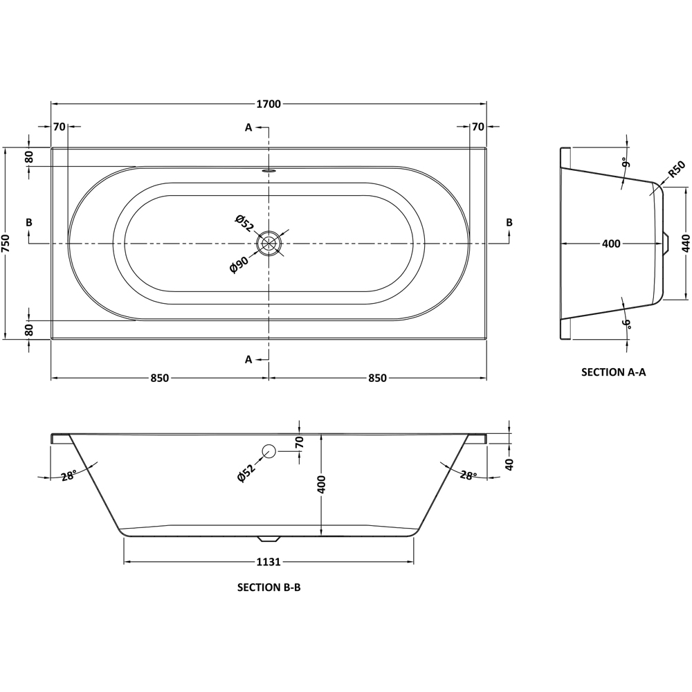 nuie Round Double Ended Bath and Leg Set 1700 x 750mm Image 2