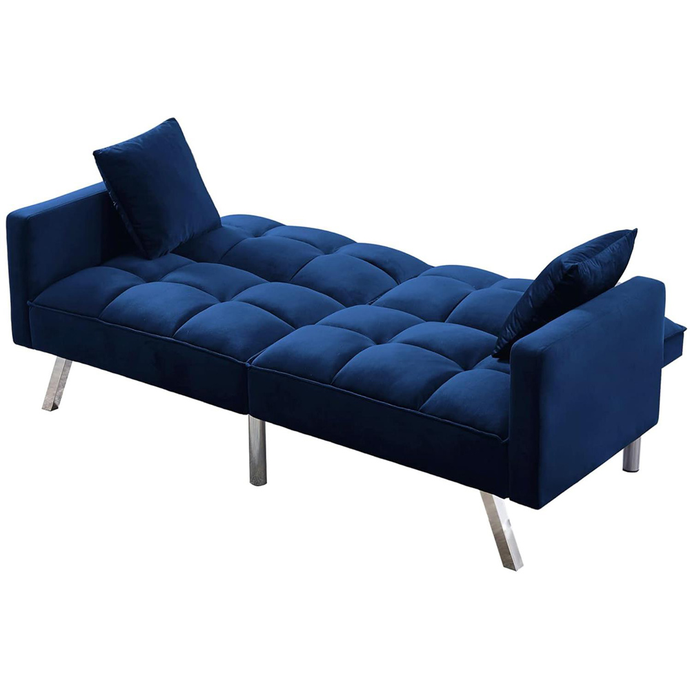 Portland 2 Seater Blue Velvet Sofa Bed with Pillows Image 4