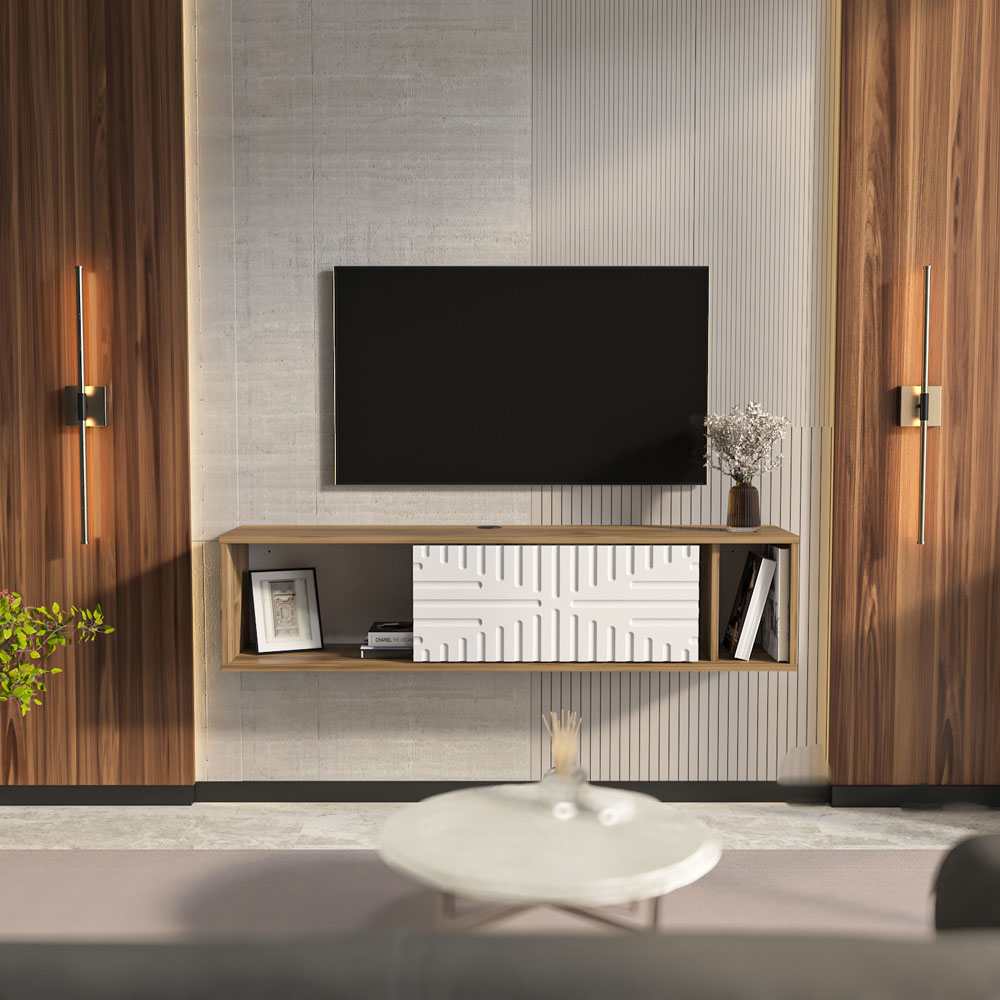 Decorotika Single Door 3 Shelf Walnut and White Floating TV Unit Image 4