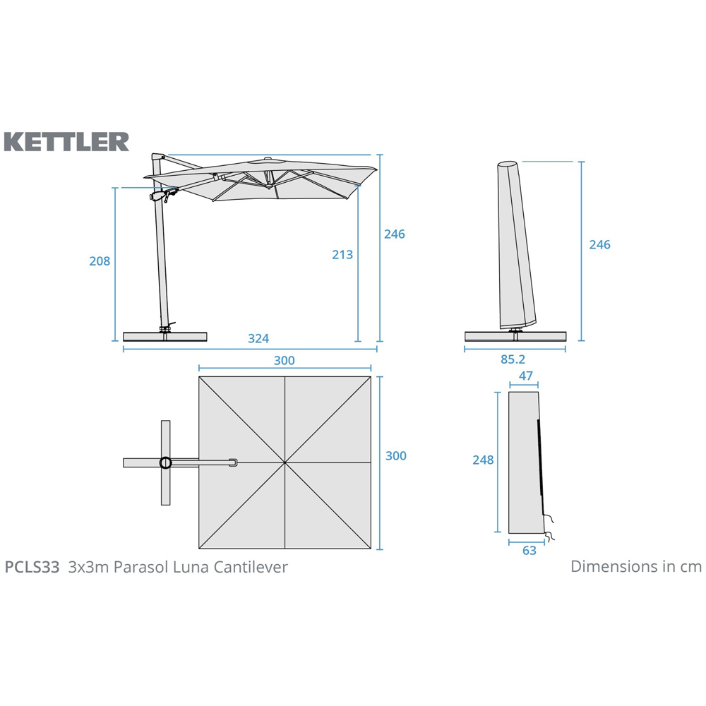 Kettler Luna Taupe and Grey Cantilever Square Parasol with Granite Base and Night Cover 3 x 3m Image 7