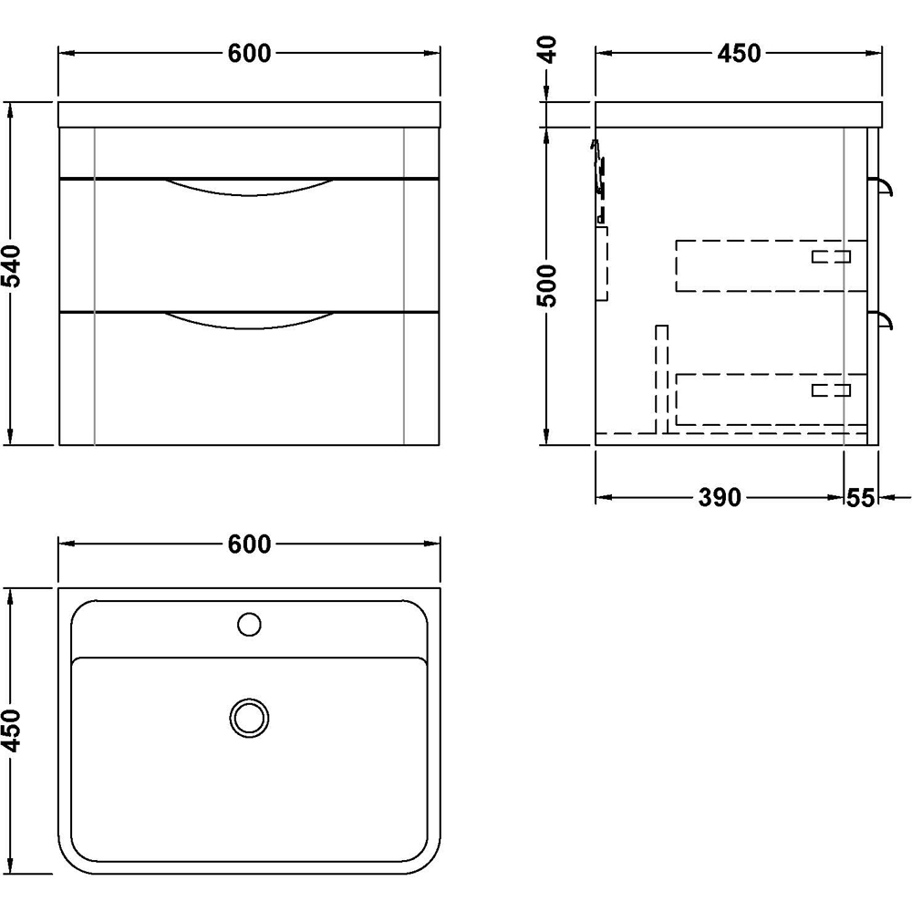nuie Parade 2 Drawer Satin Green Wall Hung Vanity Unit and 1 Tap Hole Ceramic Basin 600mm Image 3