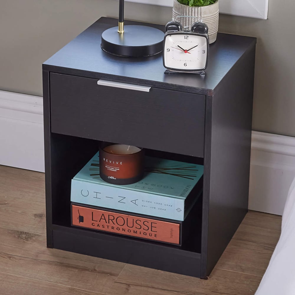 Home Source Phoenix Single Drawer Single Shelf Black Bedside Table Image 1