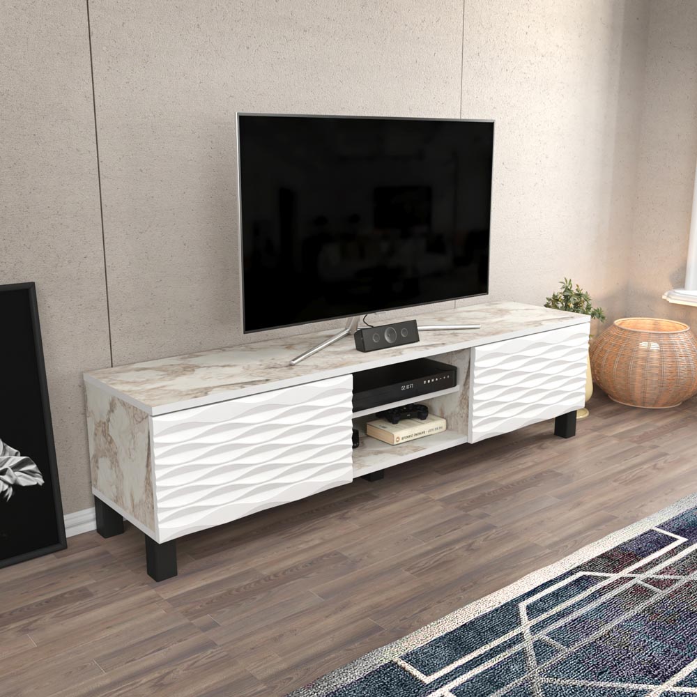 Decorotika Lukas 2 Door 2 White Marble and White TV Unit Image 5