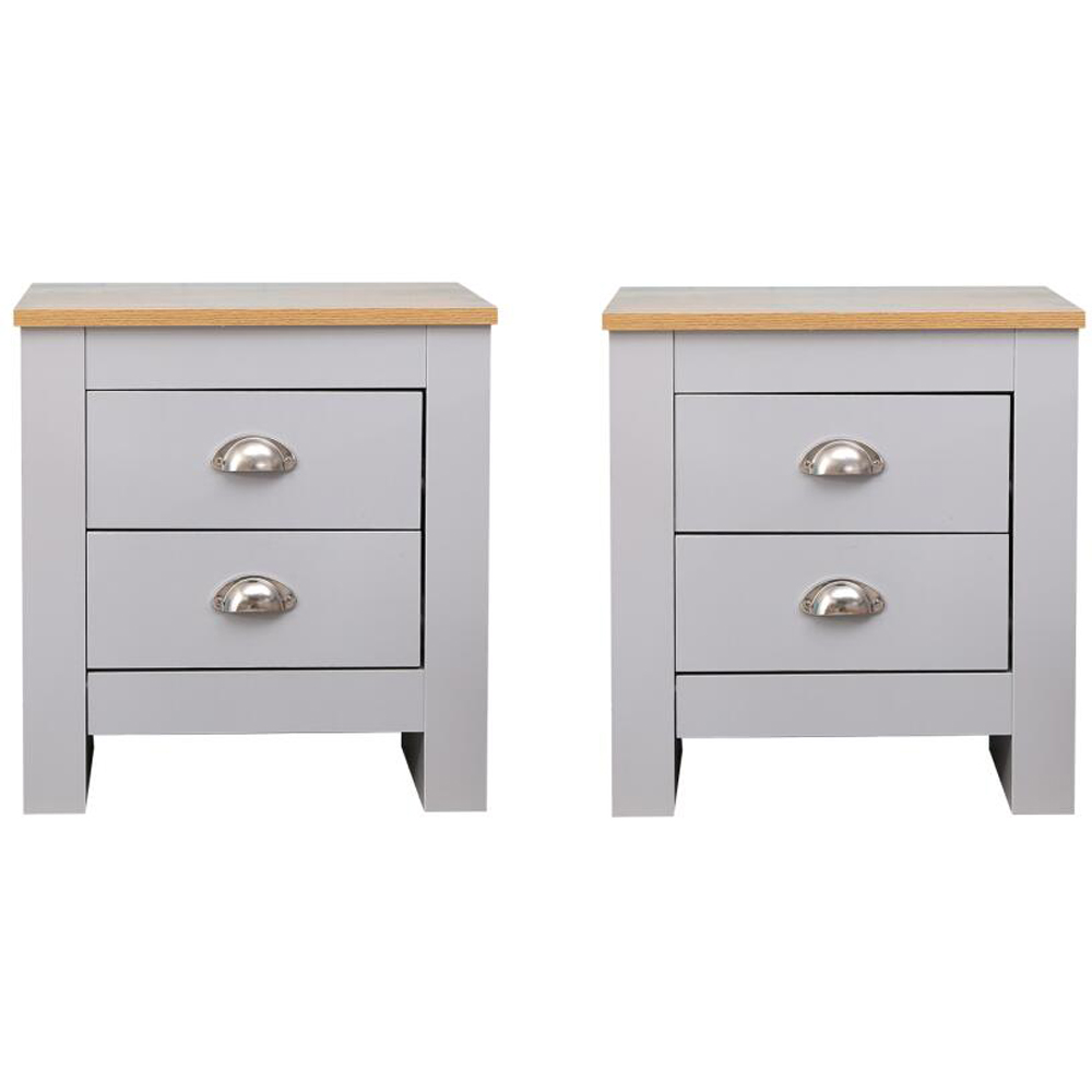 FurnitureHMD 2 Drawer Grey and Oak Effect Wooden Bedside Table Set of 2 Image 2