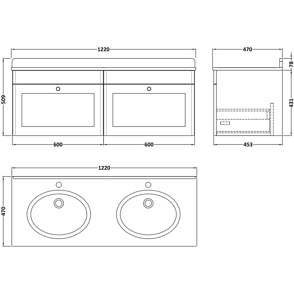 nuie Classique 2 Drawer Satin Grey and White Wall Hung Unit and 1 Tap Hole Marble Basin 1200mm Image 3