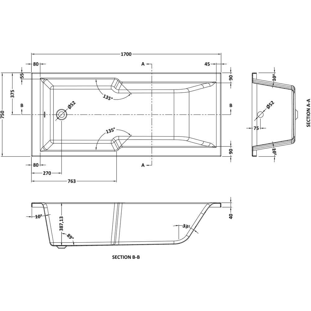 nuie Square Single Ended Straight Shower Bath and Leg Set 1700 x 750mm Image 4