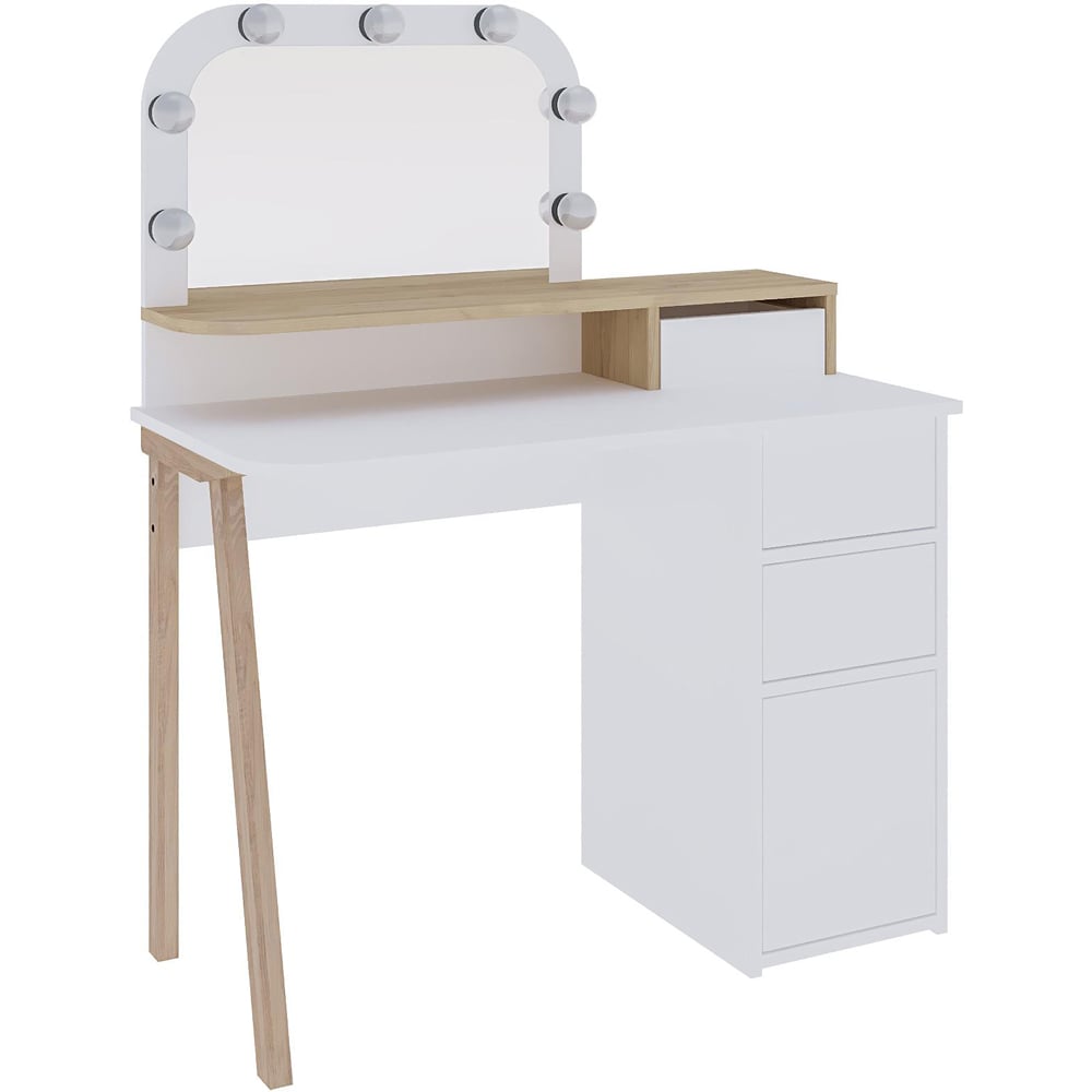 Decortie Avien 3 Drawer Single Door White and Oak Makeup Vanity Table with LED Mirror Image 2