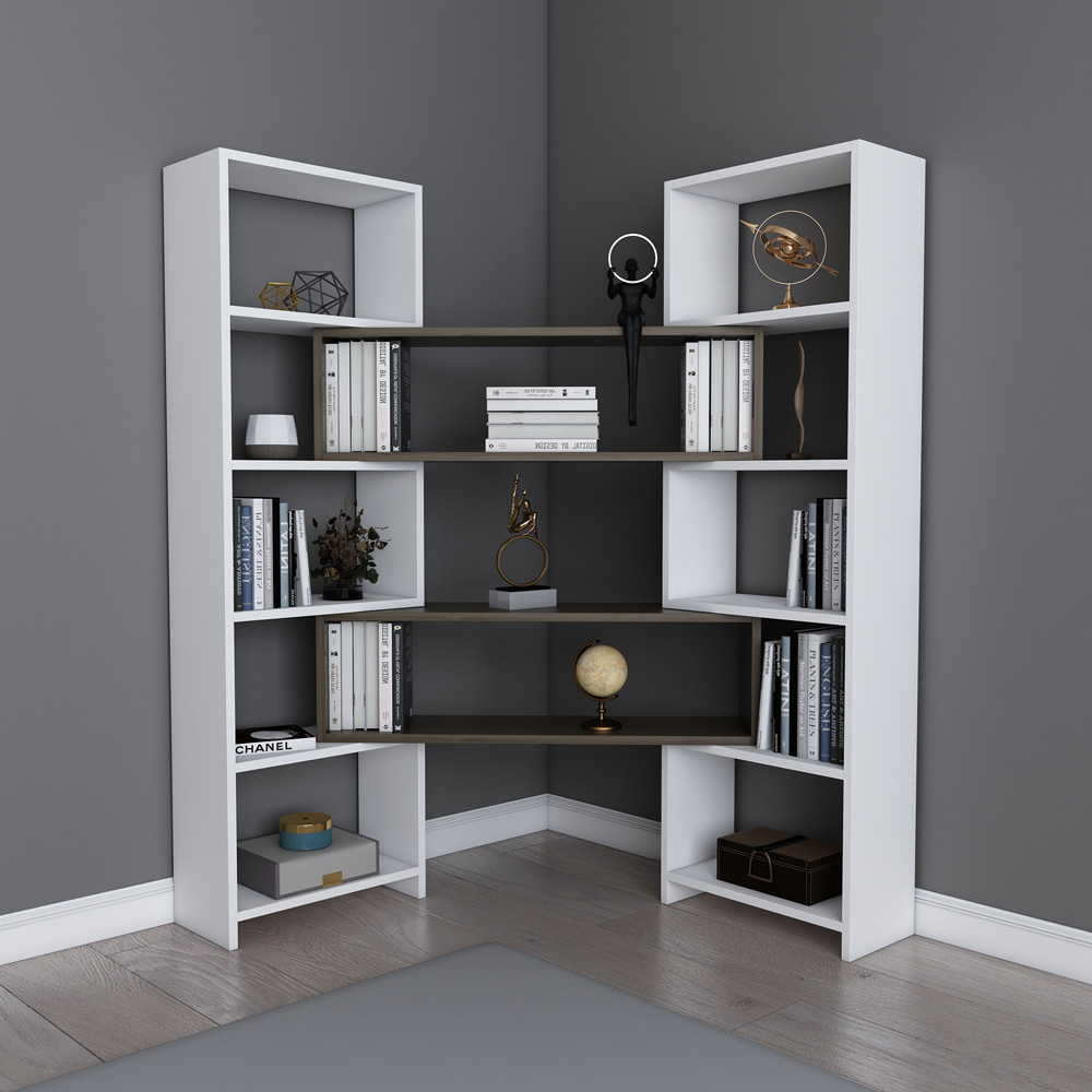 Decorotika Poyraz 8 Shelf White and Walnut Bookshelf Image 5