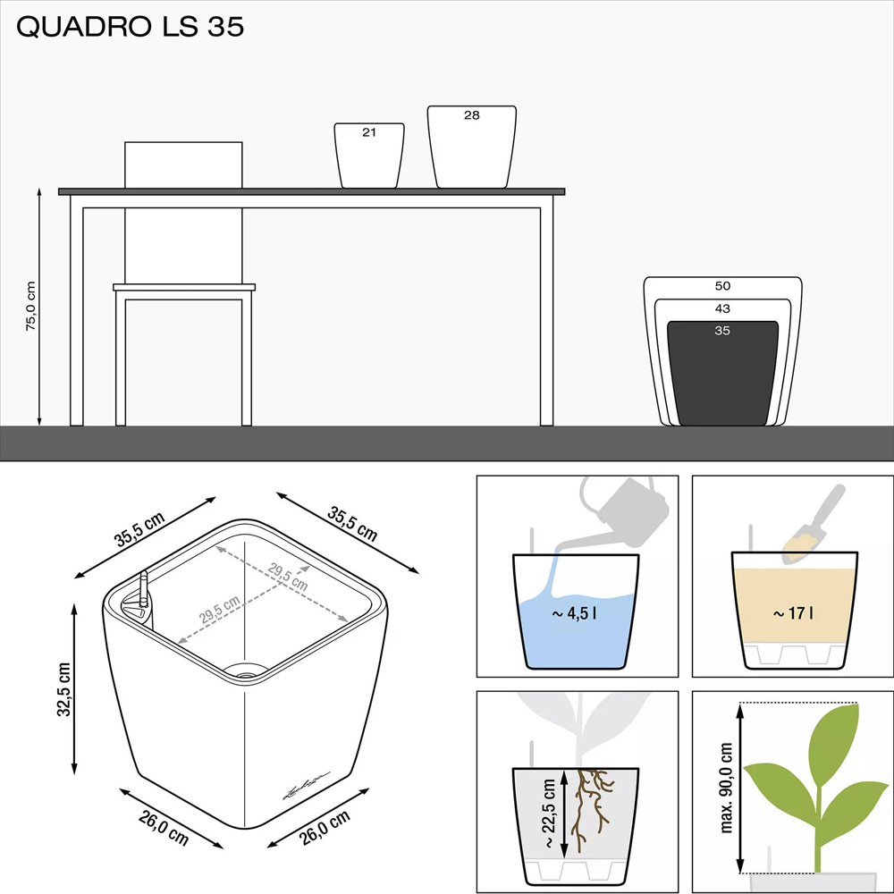 Lechuza Quadro LS 35 White Poly-Resin Self-Watering Planter 33cm Image 7
